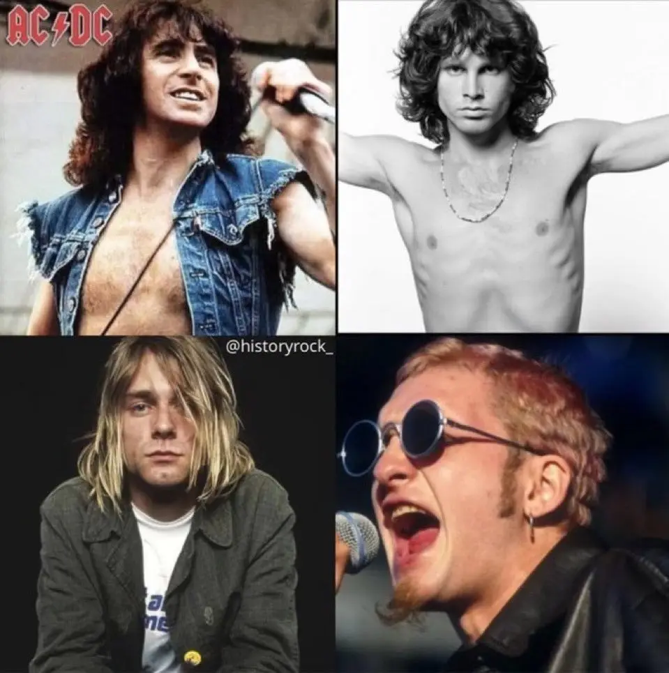 A four-panel image collage featuring four iconic rock musicians: Angus Young of AC/DC in his signature denim jacket, Mick…