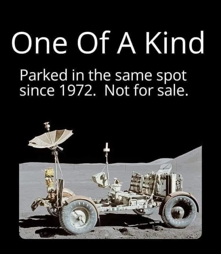 A black-and-white photo of the lunar rover on the moon's surface, with large text overlaid at the top reading 'One Of A…