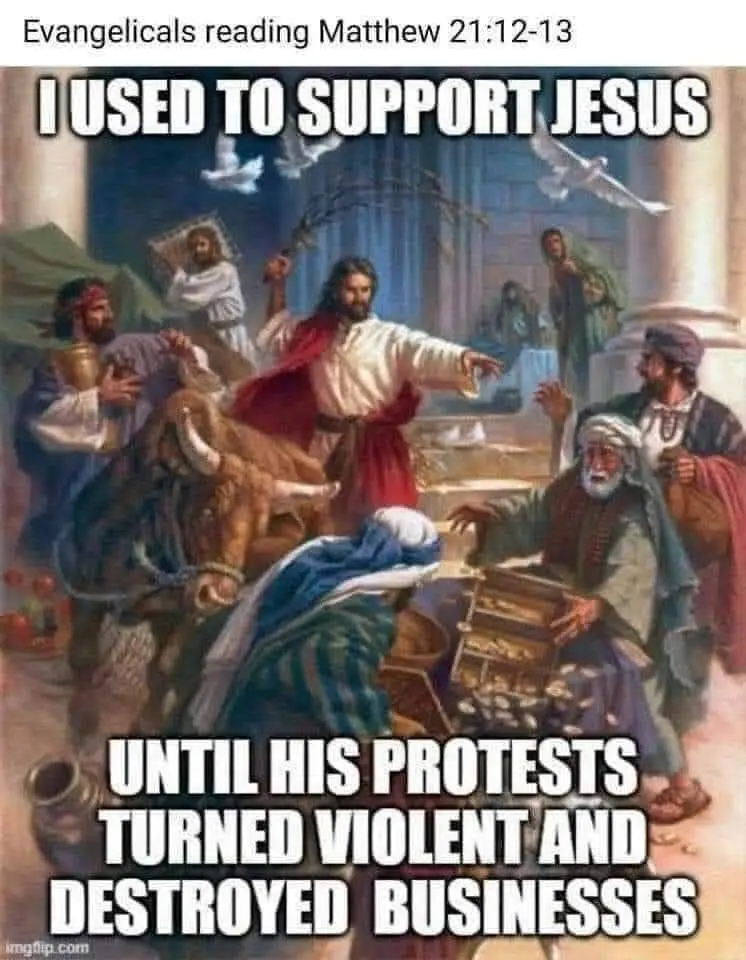 A classical painting depicts Jesus Christ in a temple, gesturing toward money changers and merchants, with doves flying…