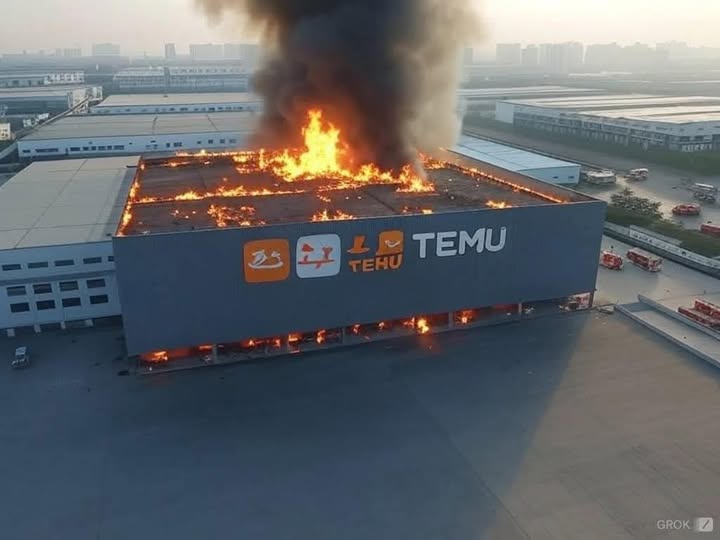 An aerial view shows a large industrial building engulfed in flames and thick black smoke, with the 'TEMU' logo and its…