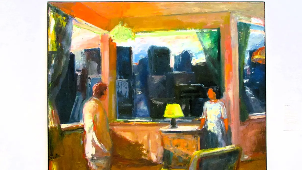 A painting depicts two figures standing in a warmly lit room, looking out large windows at a dark, blurry cityscape. The…