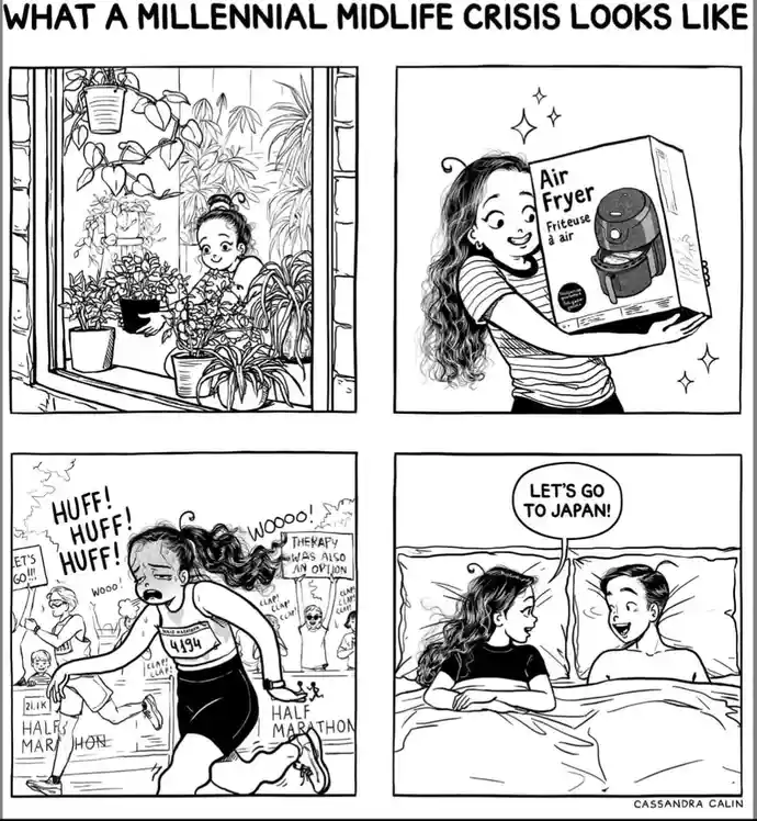 A four-panel comic strip titled 'WHAT A MILLENNIAL MIDLIFE CRISIS LOOKS LIKE' shows a woman first tending to houseplants…