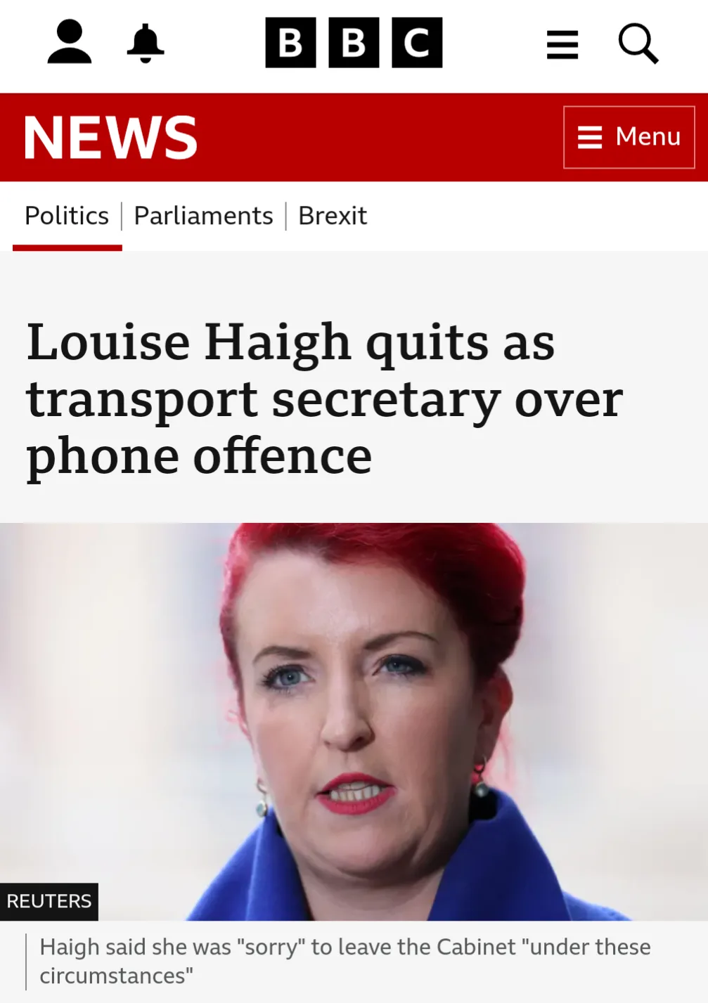 A BBC News article screenshot shows a headline about Louise Haigh quitting her role as transport secretary due to a phone…