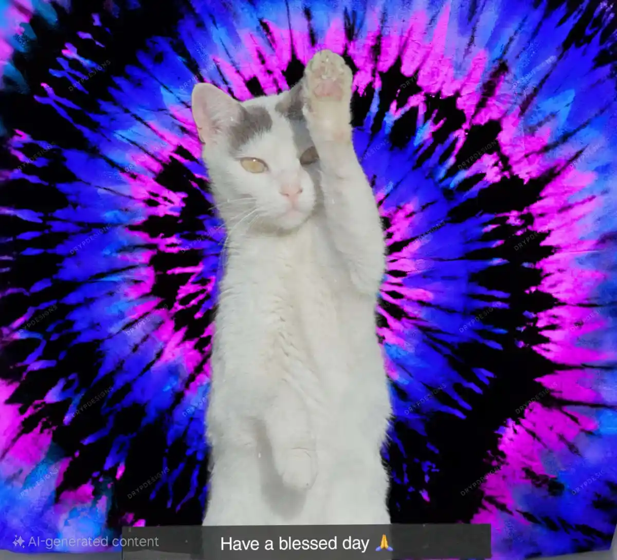 A white cat with gray markings stands upright on its hind legs against a vibrant blue and pink tie-dye background, raising…