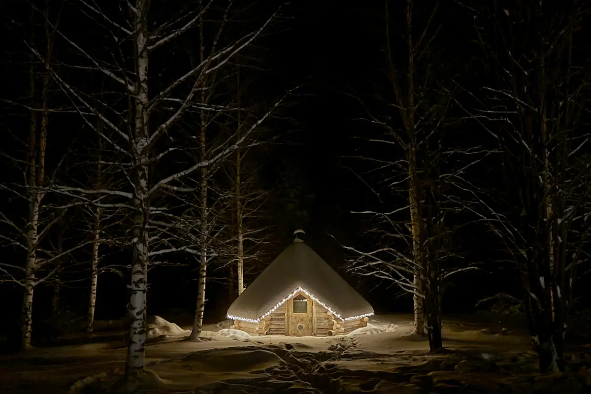 A cozy, snow-covered log cabin with a conical roof is illuminated at night, surrounded by snow-laden birch trees. White…