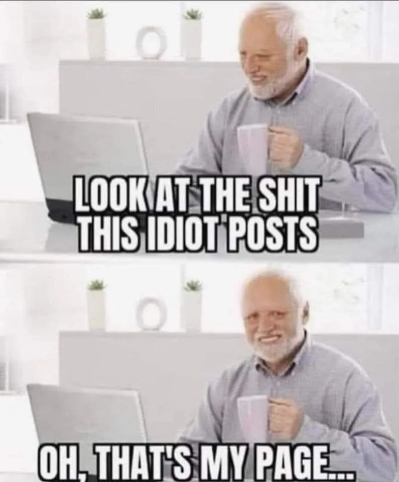 A two-panel meme featuring a smiling older man with a white beard sitting at a desk with a laptop and holding a mug. In the…