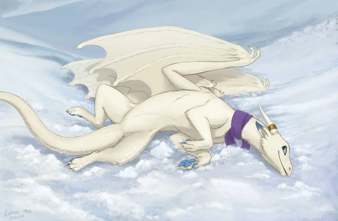 A white, winged dragon with blue claws and a purple scarf is lying on its side atop fluffy white clouds, appearing relaxed…