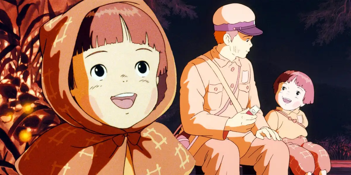 An anime scene featuring a young girl in a brown hooded coat smiling at the viewer, while a man in a uniform and a smaller…