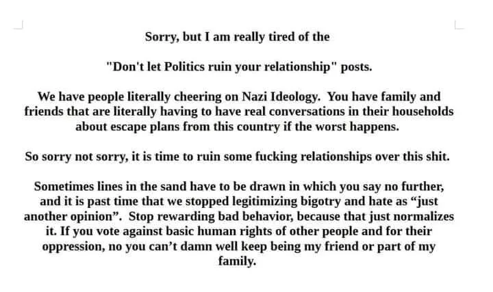 A white background with black text, expressing frustration with 'Don't let Politics ruin your relationship' social media…