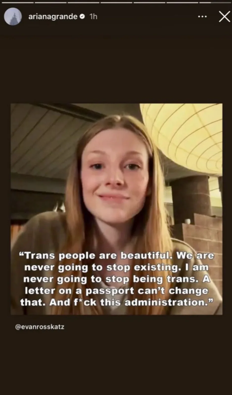 A screenshot of a social media post by Ariana Grande showing a young woman with long blonde hair smiling at the camera…