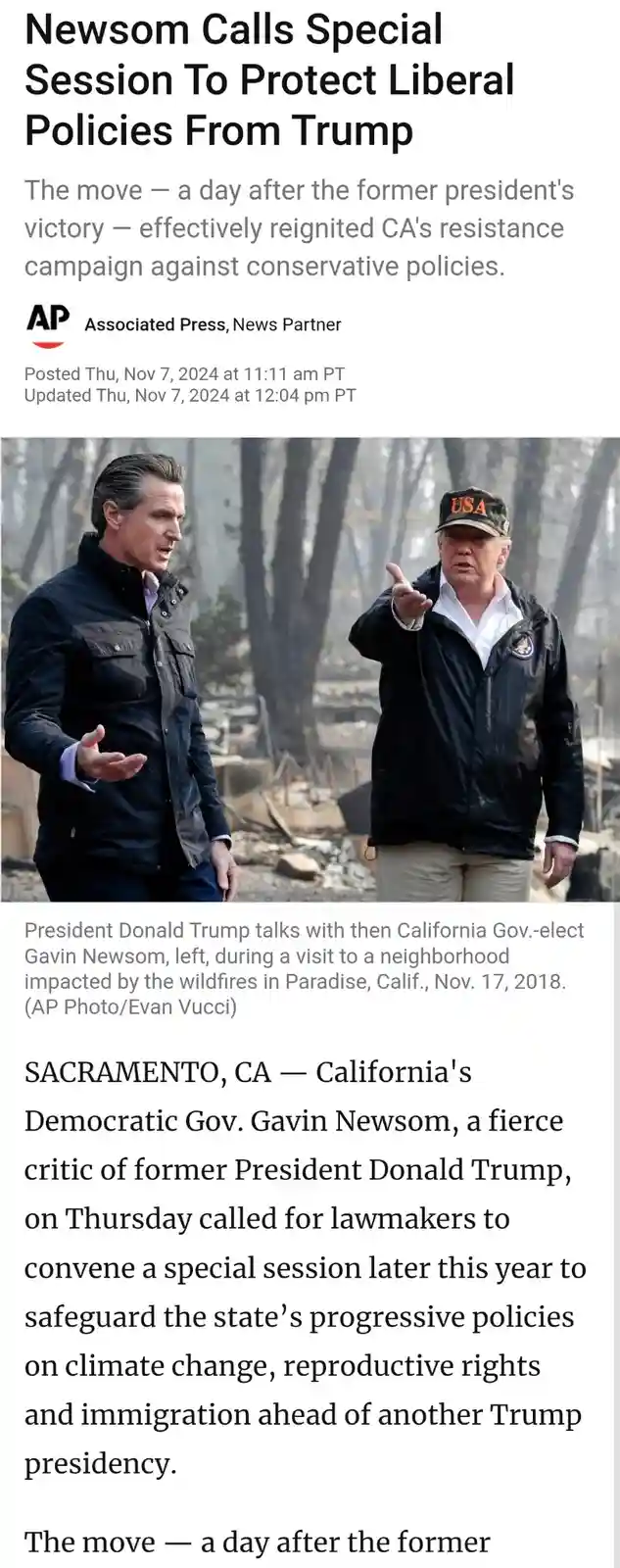 A news article screenshot shows a photo of Donald Trump and Gavin Newsom standing in a burned-out forest area. Trump…