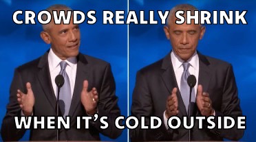 The image shows two side-by-side photos of Barack Obama speaking at a podium. In the left panel, he appears to have a larger…