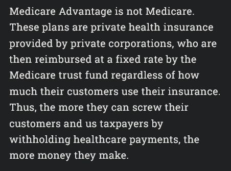 A black background with white text explaining that Medicare Advantage is not actual Medicare, but private insurance plans…