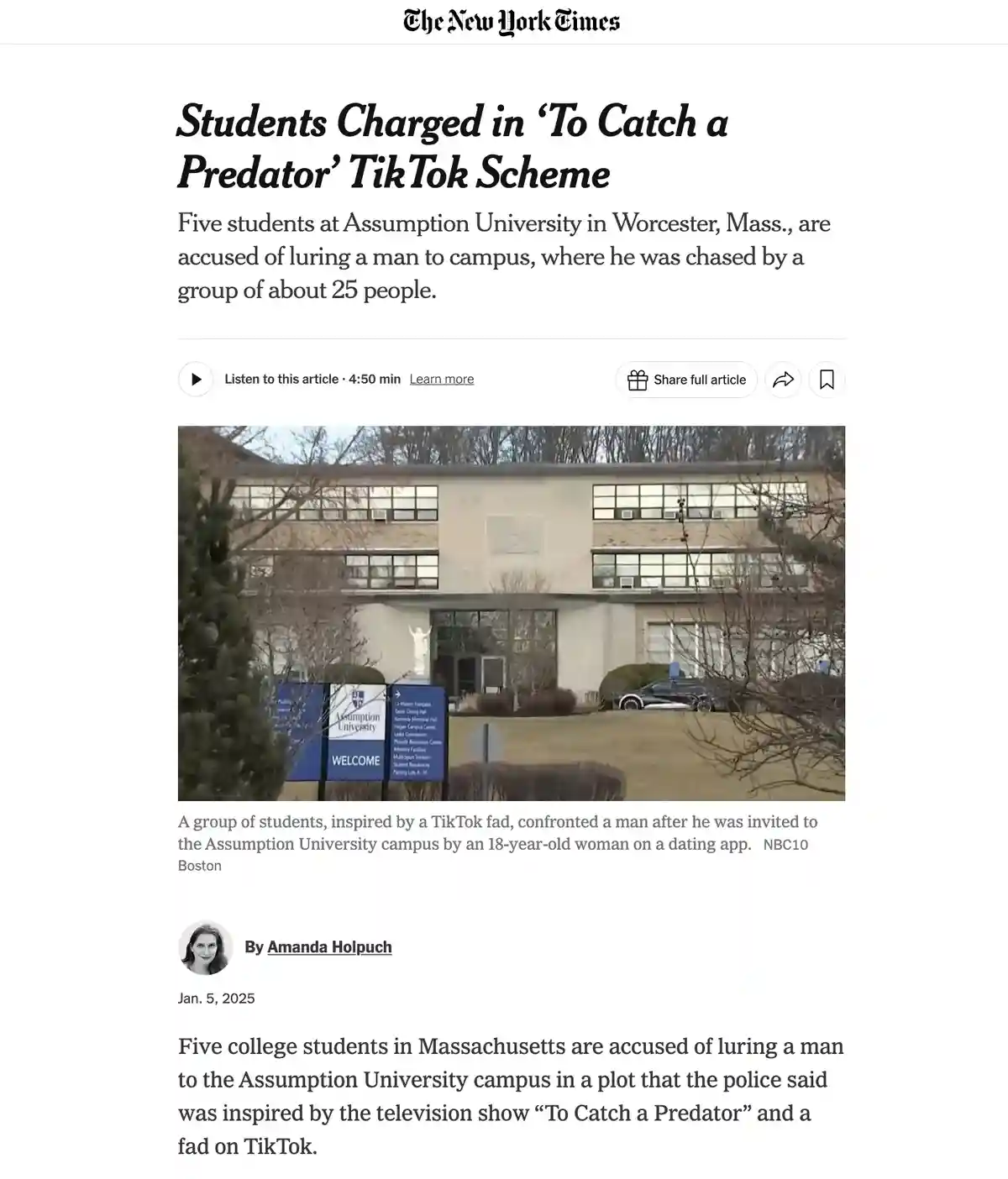 A screenshot of a New York Times article about five students at Assumption University charged for luring a man to campus…