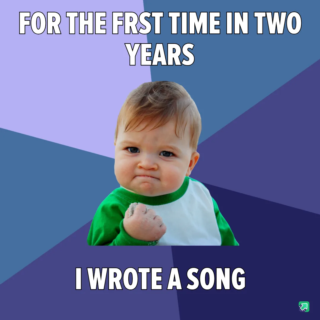 A baby with a smug, triumphant expression, wearing a green and white shirt, clenched fist, against a geometric purple and…