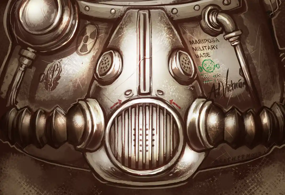 A close-up illustration of a heavily worn, metallic gas mask with a central grille, two eye lenses, and various pipes and…