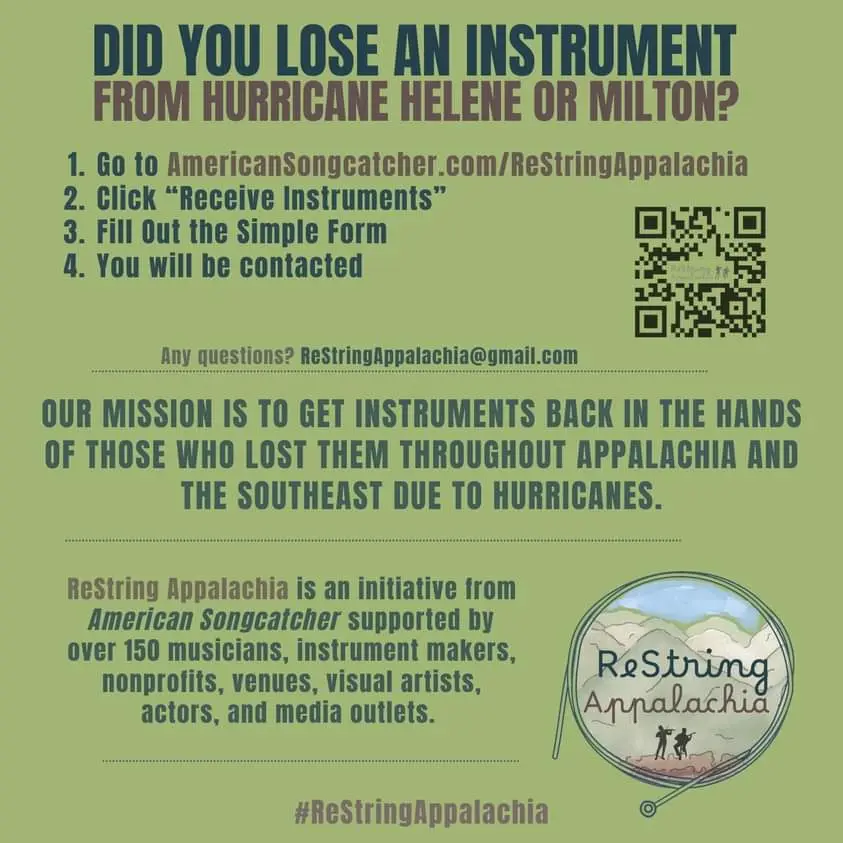 A green informational poster from 'ReString Appalachia' asks if you lost an instrument in Hurricanes Helene or Milton…