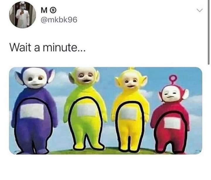 Four Teletubbies stand side-by-side against a blue sky background, each with a black outline drawn around their lower…