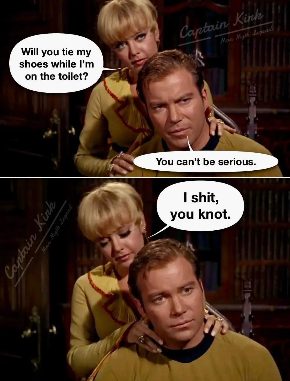 Two-panel meme featuring a blonde woman asking a man in a yellow uniform to tie her shoes while she's on the toilet. He…