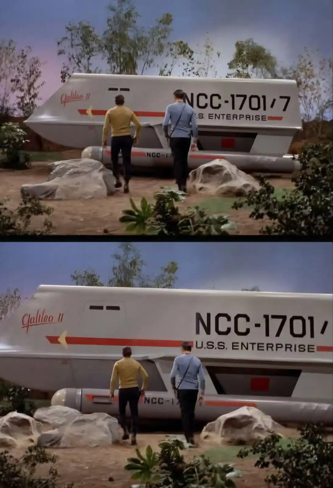 Two men in Star Trek uniforms walk toward a crashed spaceship labeled 'U.S.S. Enterprise' with the ID 'NCC-1701/7' visible…