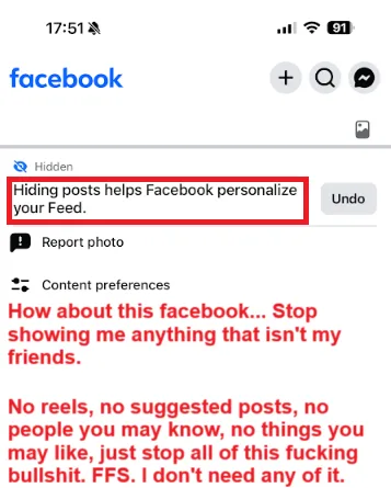 A screenshot of a Facebook mobile interface shows a red box highlighting the text 'Hiding posts helps Facebook personalize…