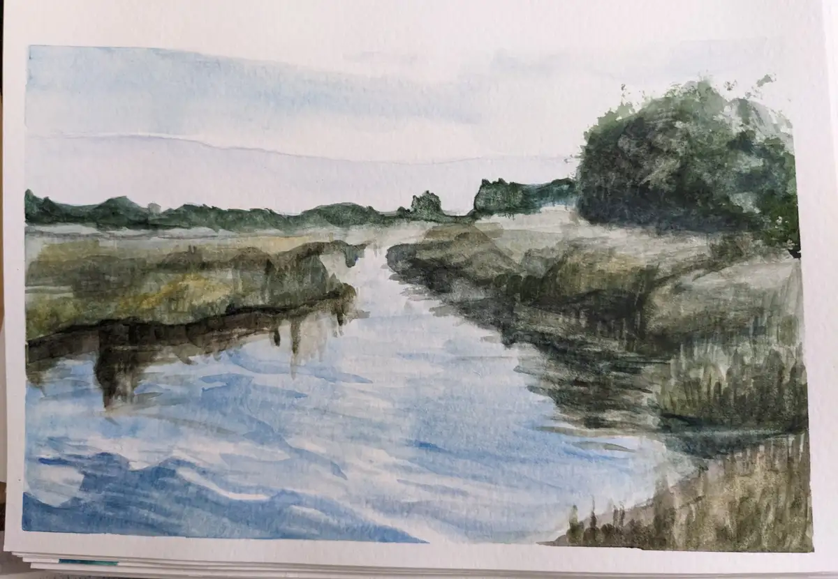 A watercolor painting depicts a serene landscape with a river reflecting distant hills and trees under a pale sky, rendered…