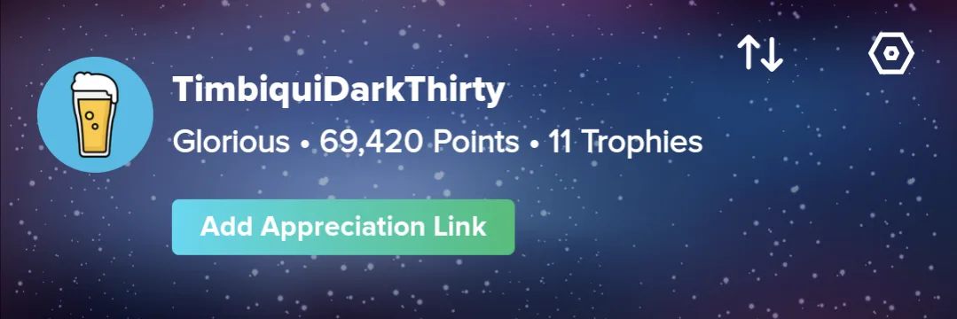 A user profile card with a beer glass avatar, displaying the username 'TimbiquiDarkThirty', the status 'Glorious', 69,420…