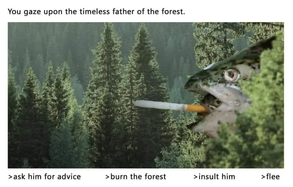 A forest scene with tall pine trees, where a fish head is superimposed on the right side, appearing to smoke a cigarette…
