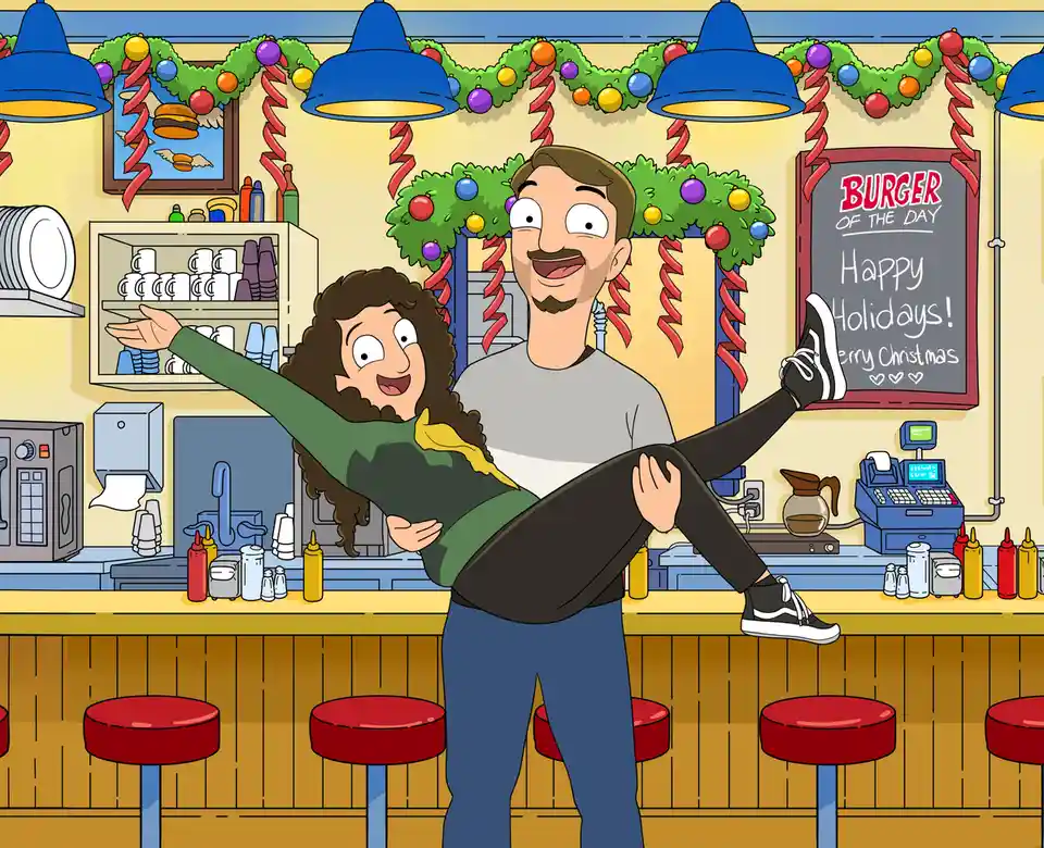 In a cartoon diner decorated with Christmas garlands and ornaments, a man holds a woman in his arms as she extends her arm…