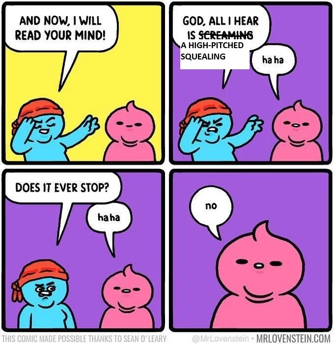 A four-panel comic featuring two cartoon characters: a blue one with a red bandana and a pink one. In the first panel, the…