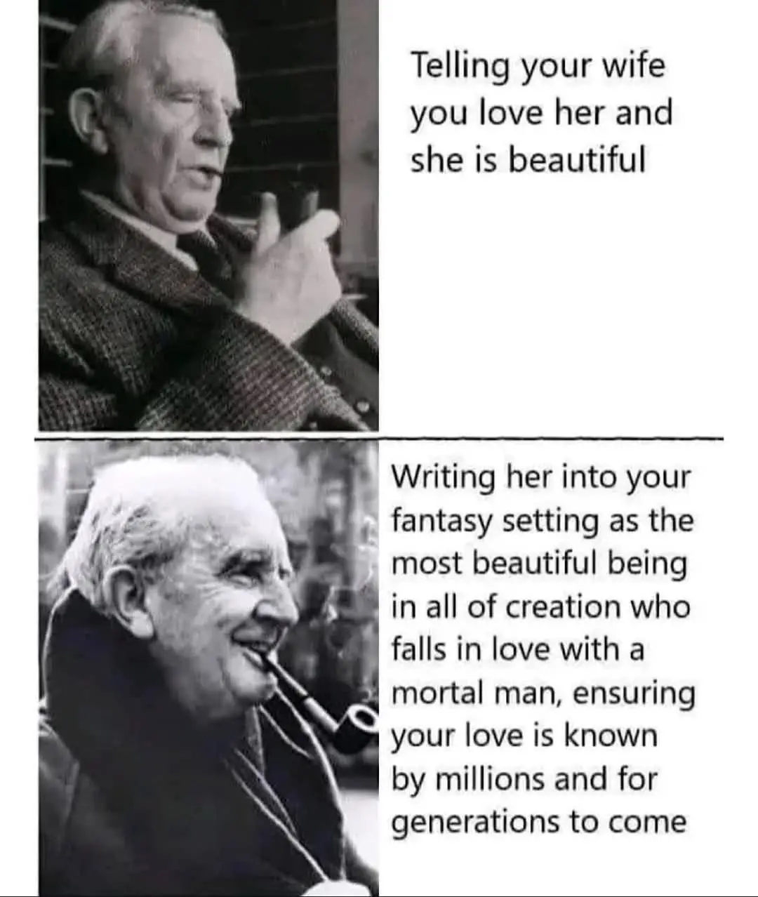 The meme features two black-and-white photos of an older man smoking a pipe. In the top panel, he looks thoughtful while…