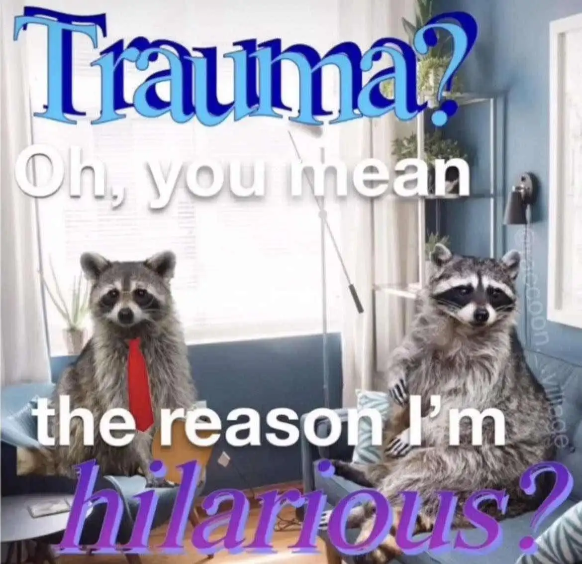Two raccoons sit on a couch in a living room; one wears a red tie. Overlaid text reads 'Trauma? Oh, you mean the reason I'm…
