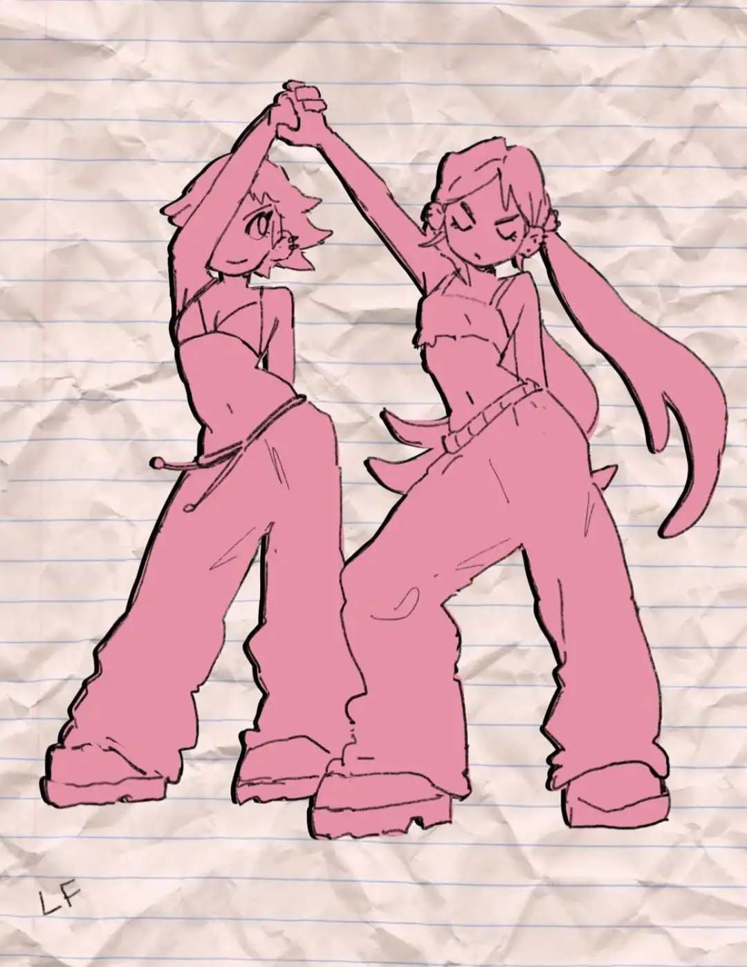A hand-drawn, pink-colored anime-style illustration of two female characters holding hands above their heads in a dance…