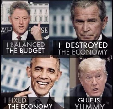 A four-panel meme featuring photos of U.S. presidents Bill Clinton, George W. Bush, Barack Obama, and Donald Trump. Each…