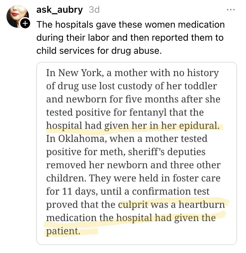 A screenshot of a Reddit post from 'ask_aubry' detailing two cases where mothers lost custody of their children after…