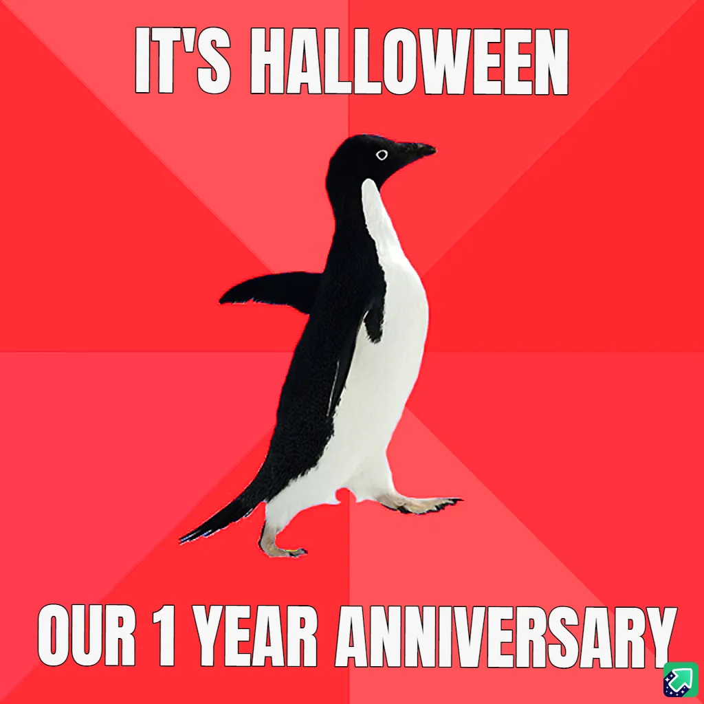 A black-and-white penguin stands centered against a red background with diagonal shading. White bold text at the top reads…