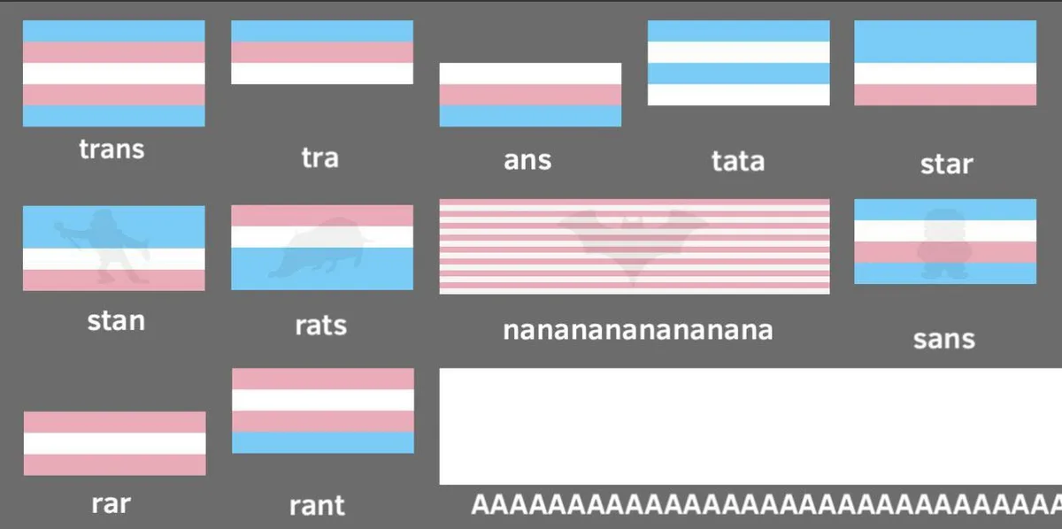 A grid of ten modified trans pride flags, each with a word or phrase overlaid below it, including 'trans', 'tra', 'ans'…