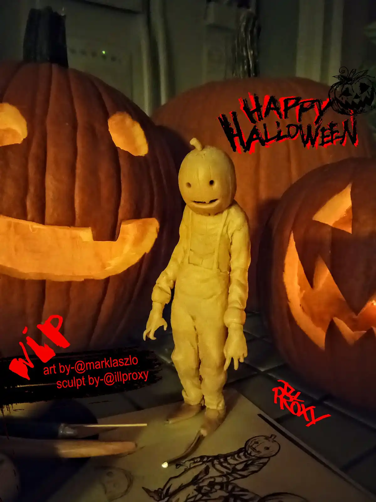 A yellow figurine with a pumpkin head and overalls stands in front of several carved, lit jack-o'-lanterns. Overlaid text…