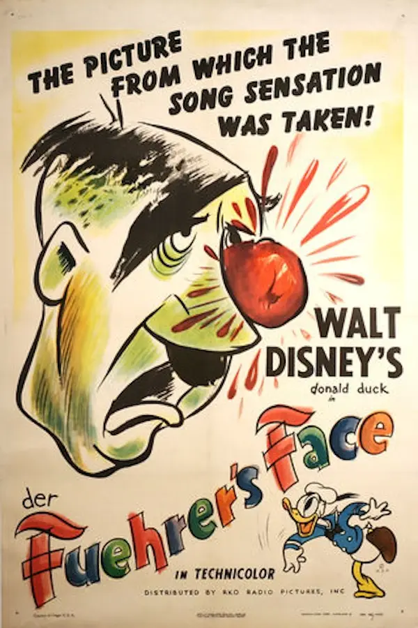 A vintage Walt Disney movie poster for 'Donald Duck in der Fuehrer's Face' features a large, cartoonish caricature of Adolf…