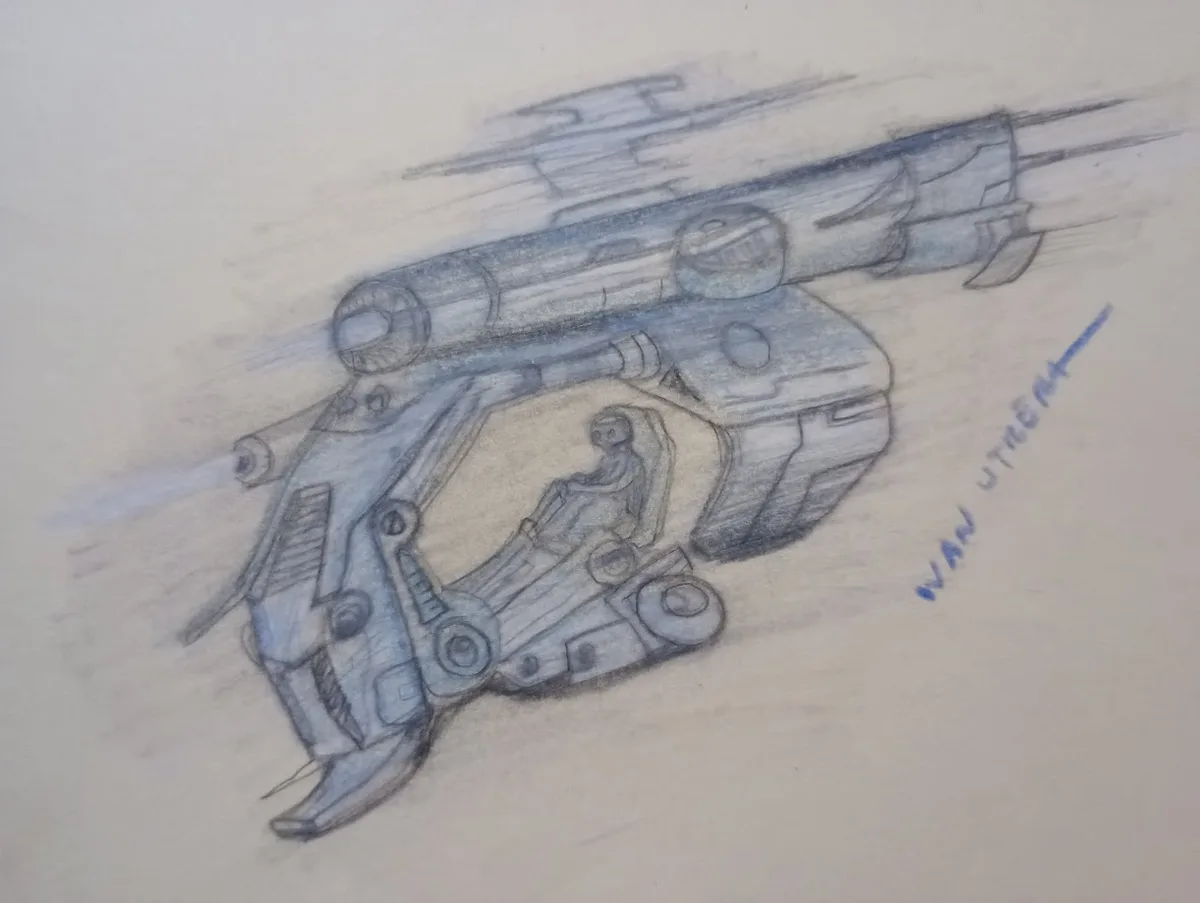 A pencil sketch of a futuristic, angular spaceship with a pilot inside, rendered in blue and grey tones with motion lines…