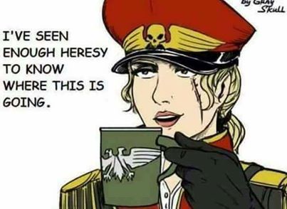 A blonde woman in a red military-style hat with a skull emblem and black gloves holds a green mug with a white eagle. She…