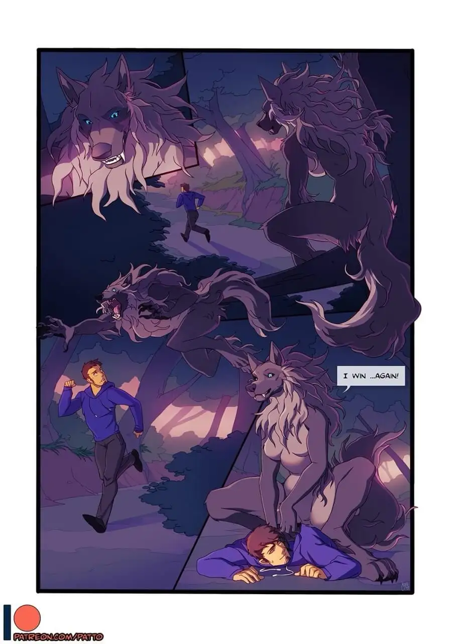 A comic panel shows a man in a blue hoodie running from multiple giant, menacing wolf-like creatures in a dark forest. In…