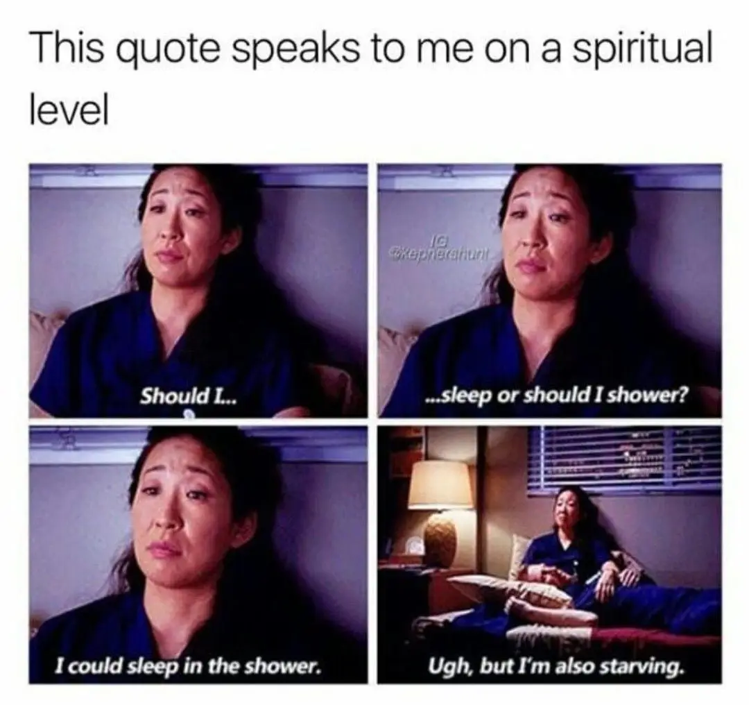 A four-panel meme featuring a woman in scrubs looking exhausted and conflicted. The top-left panel shows her pondering…