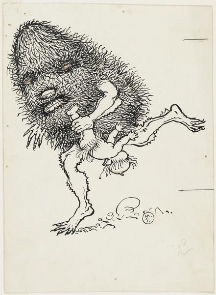 A black-and-white ink drawing shows a large, hairy, humanoid monster with a distorted face, holding a small child upside…