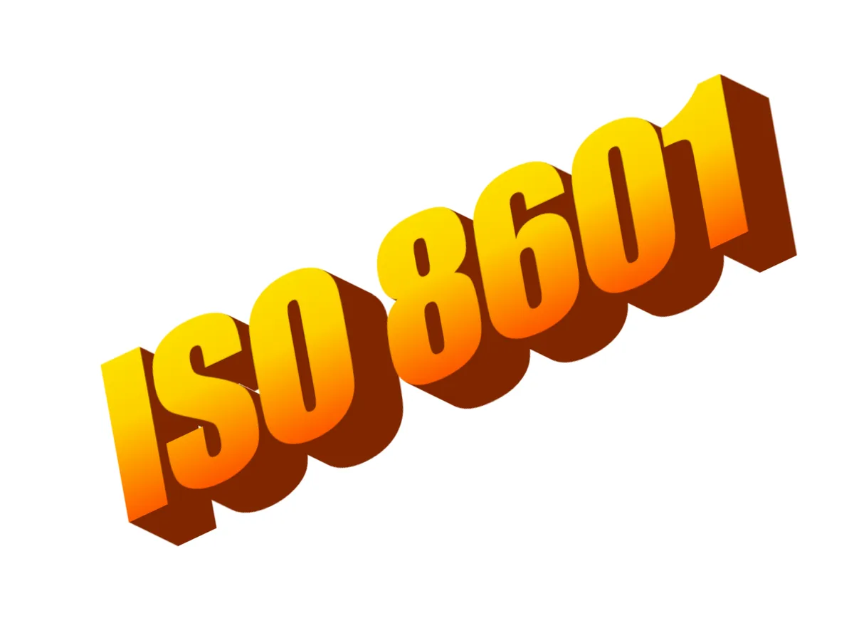 The image displays the text 'ISO 8601' in large, bold, 3D-style letters with a yellow-to-orange gradient and brown drop…