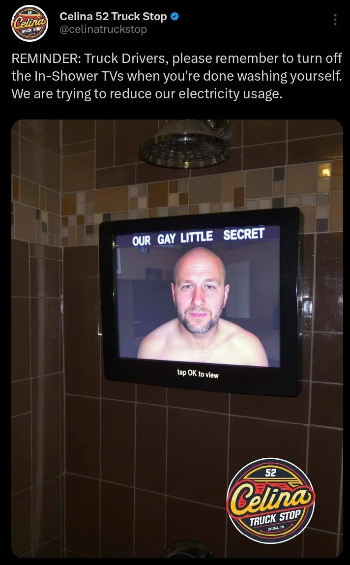 A photo shows a TV mounted inside a shower stall, displaying a man's face with the text 'OUR GAY LITTLE SECRET' and 'tap OK…