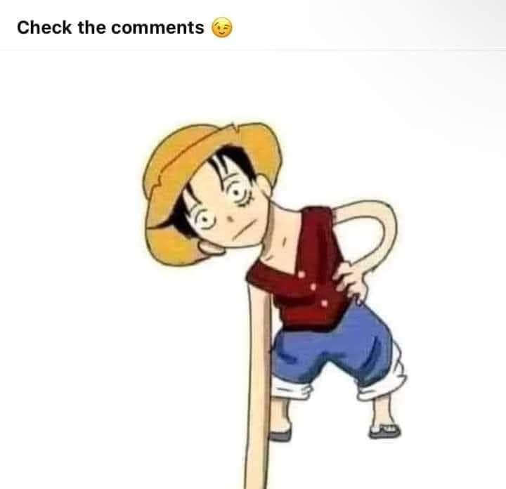 An anime character, Luffy from One Piece, is shown leaning heavily on a wooden pole with a strained, awkward expression. He…