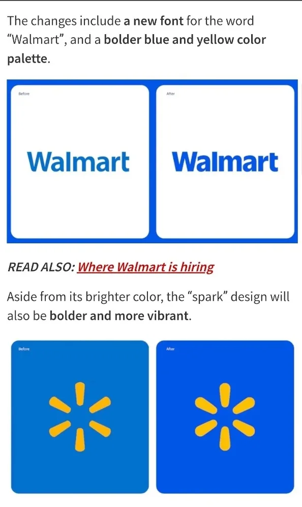 The image displays two before-and-after comparisons of Walmart's logo. The top pair shows the word 'Walmart' in a slightly…