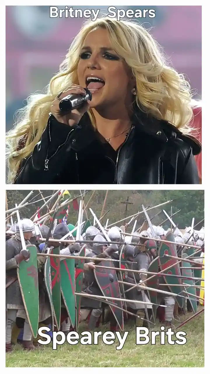 The top panel shows Britney Spears singing into a microphone with her tongue out, labeled 'Britney Spears'. The bottom panel…