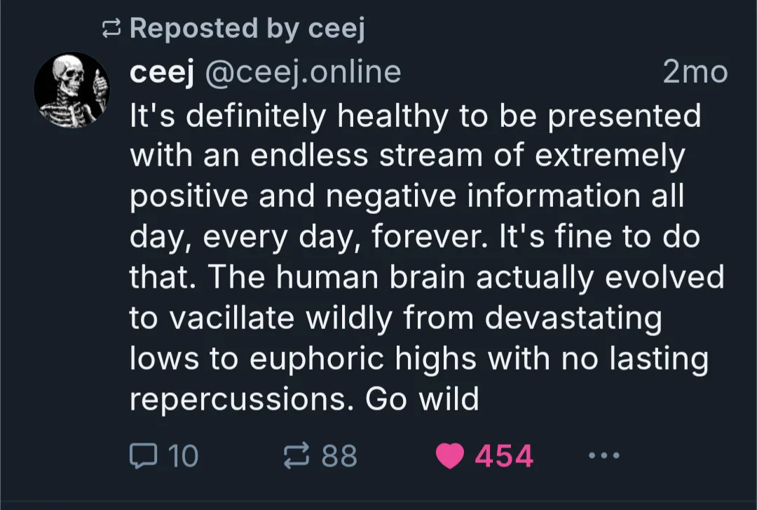 A screenshot of a dark-mode social media post by user 'ceej' with a skull profile picture, showing a sarcastic text claiming…
